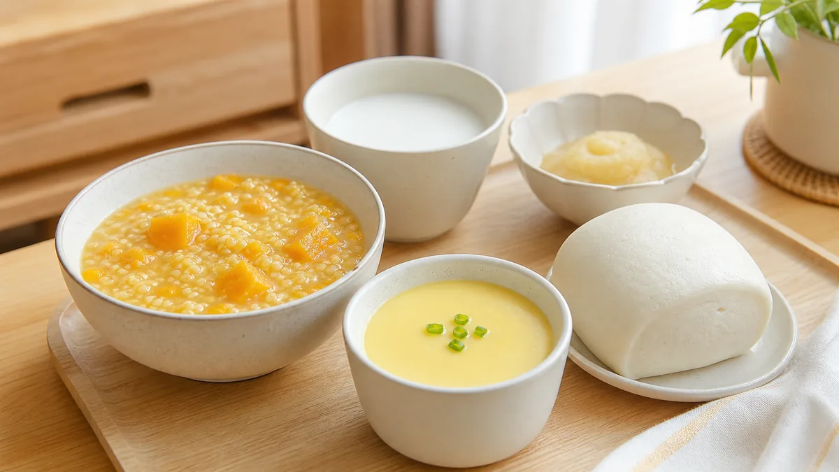早餐软食示例：小米南瓜粥、蒸蛋羹、软馒头和温牛奶