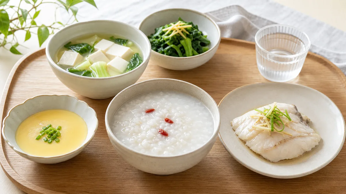 清淡软烂的出院疗养餐，包括粥、蛋羹、豆腐汤和熟蔬菜