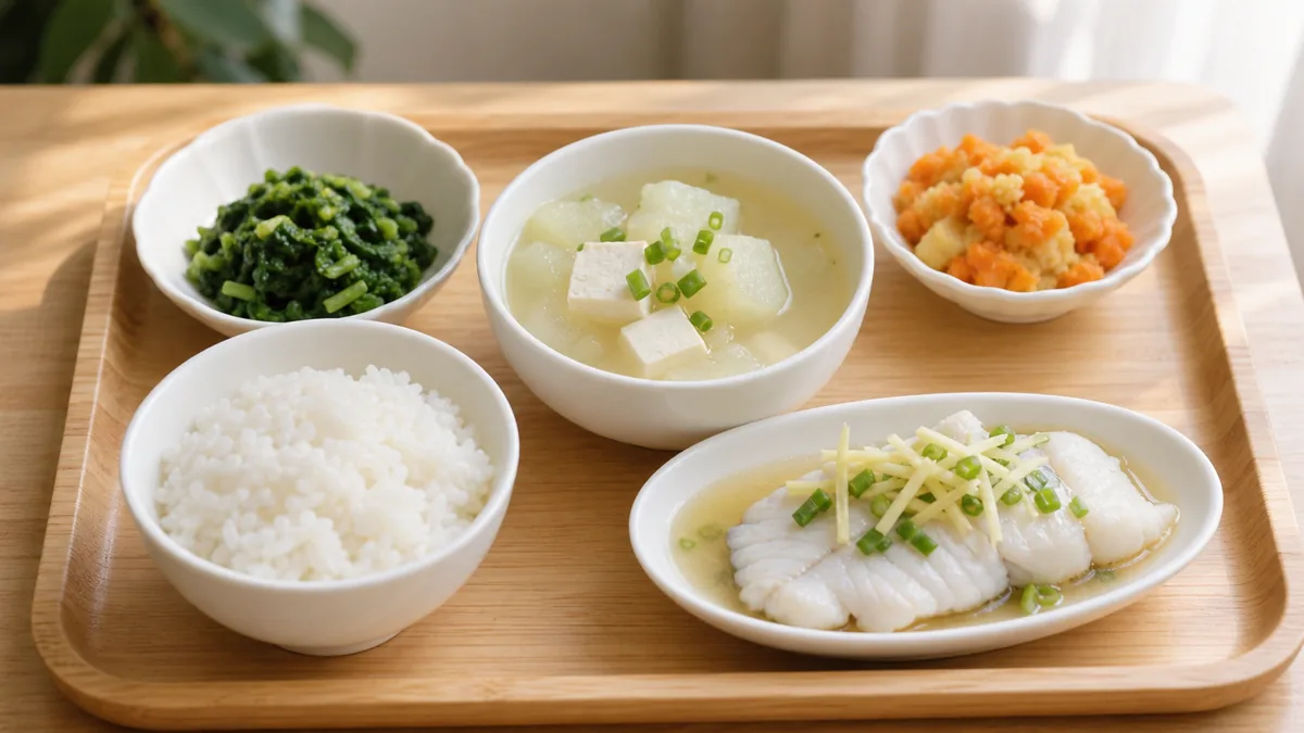 午餐软食示例：软米饭、清蒸去刺鱼、豆腐冬瓜汤和熟蔬菜